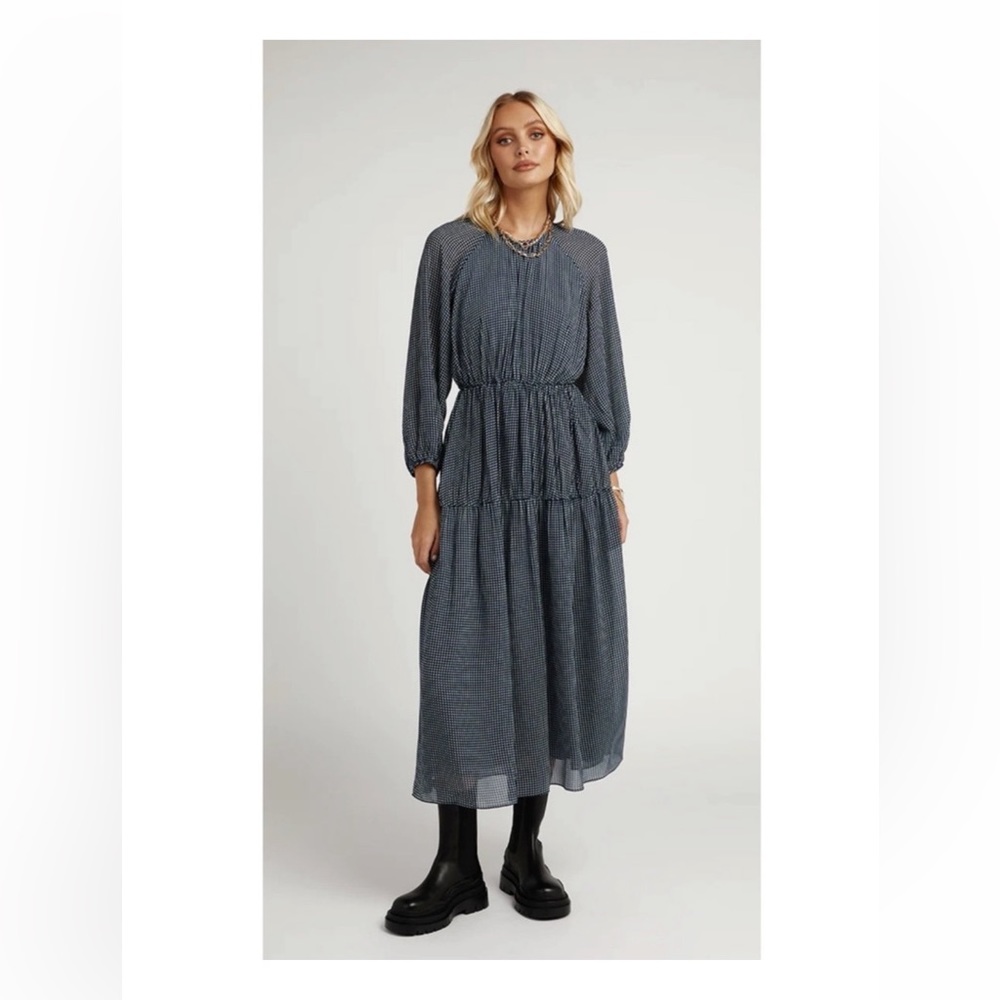 DISSH TOMMY NAVY CHECK TIER MIDI DRESS